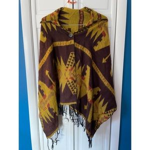 Aztec Design Alpaca Wool Hooded Poncho